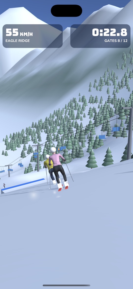 Skier crossing a mogul field with other skiers nearby
