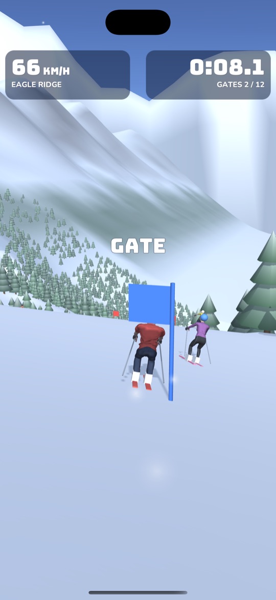 Skier racing through red and blue slalom gates