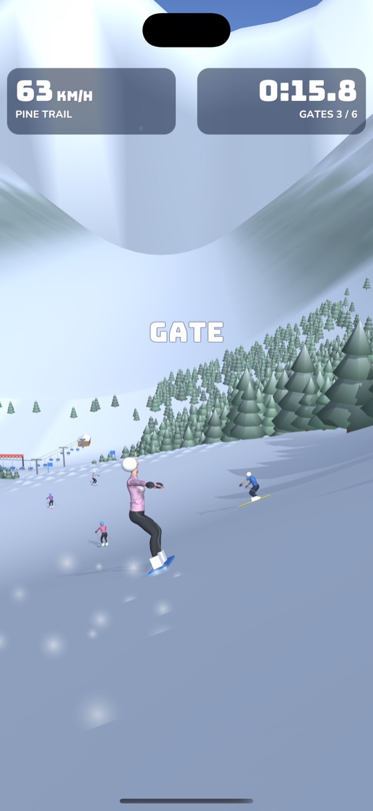 Snowboarder riding down a busy slope